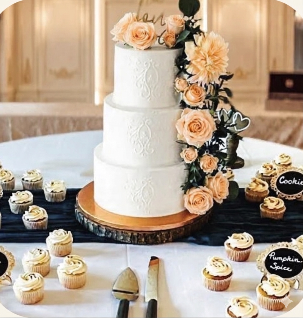 A three-tier white wedding cake decorated with peach roses and greenery