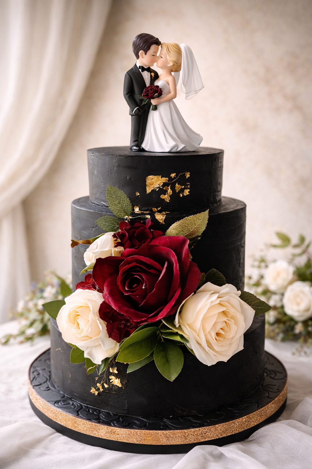 A three-tiered black wedding cake decorated with large deep red and white roses, green leaves, and gold accents.