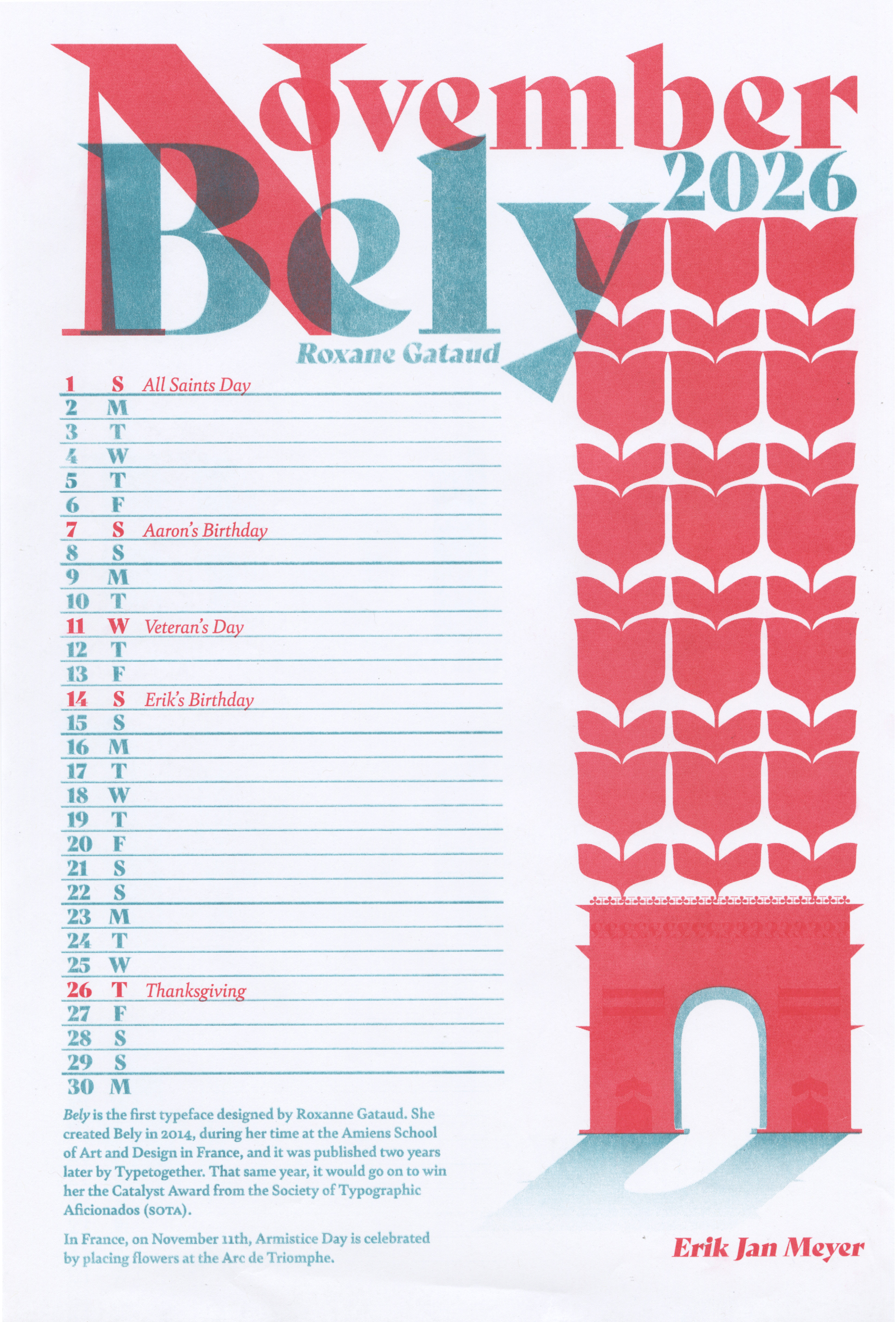 A calendar page based off of the typeface Bely, printed on a risograph.