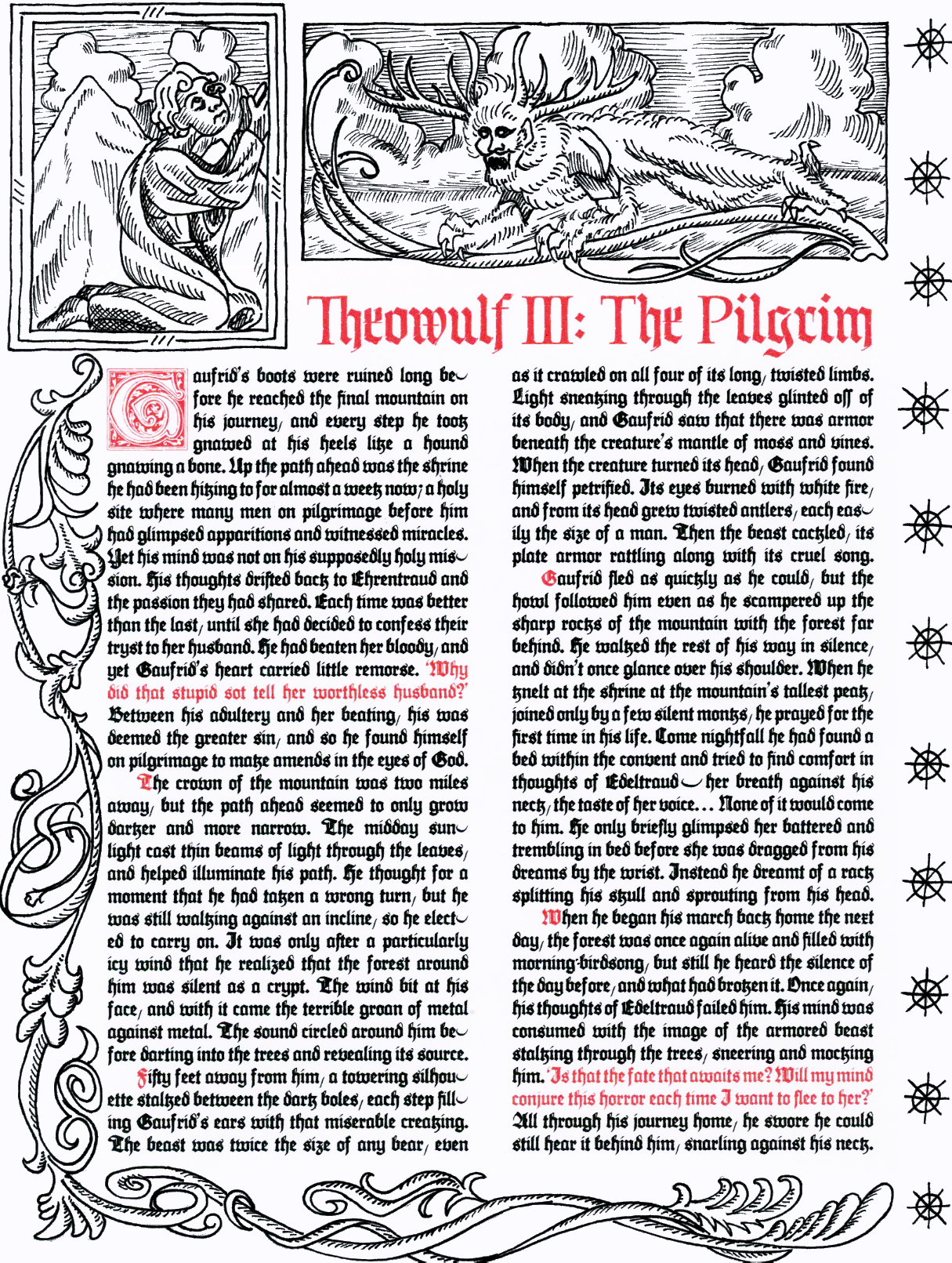 Page layout for an original short story, "The Pilgrim," inspired by medieval manuscripts.