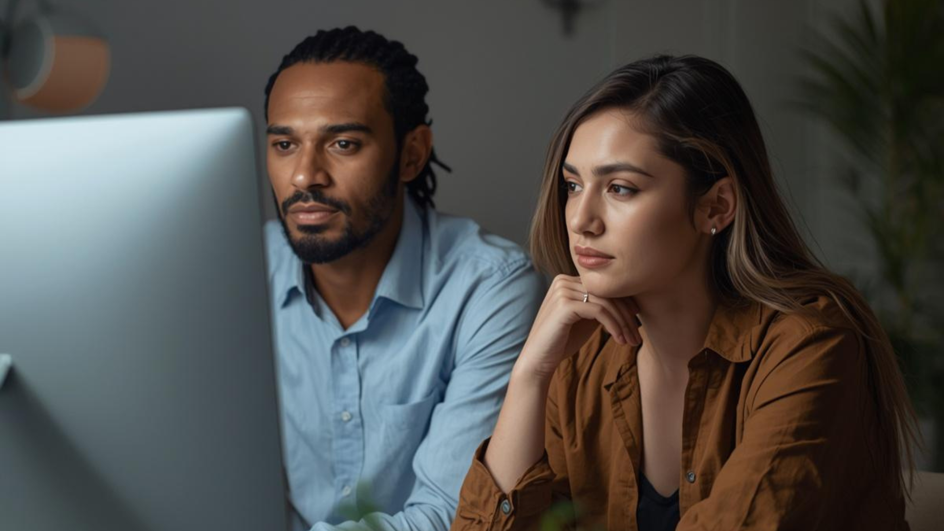 A man with dark curly hair and a beard wearing a light blue shirt and a woman with long brown hair wearing a brown shirt are working together, both focused on a computer screen.