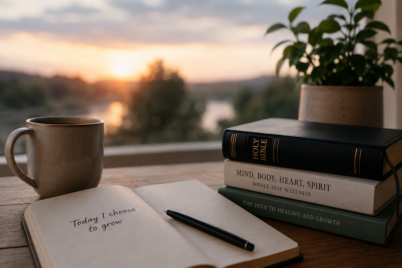 A wooden table holding a beige mug, an open notebook with 'Today I choose to grow' written in it, a black pen, and four stacked books titled 'Holy Bible,' 'Mind, Body, Heart, Spirit,' 'The Path to Healing and Growth,' with a potted plant and sunset view in the background.
