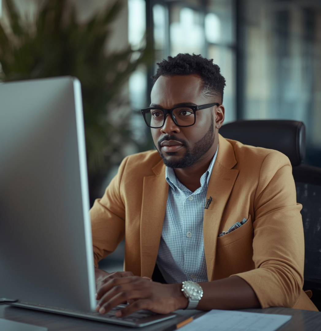 Man in glasses and a tan blazer working on a laptop in an office.