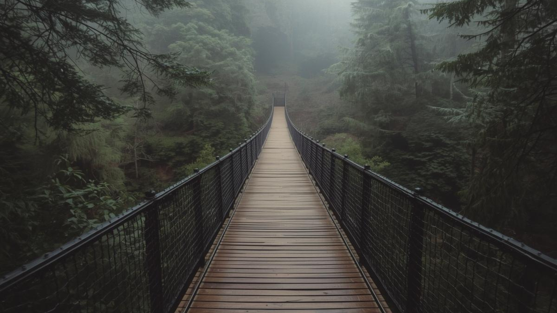Suspension bridge in dense forest shrouded in fog, with wooden planks and black metal railings extending into the distance.