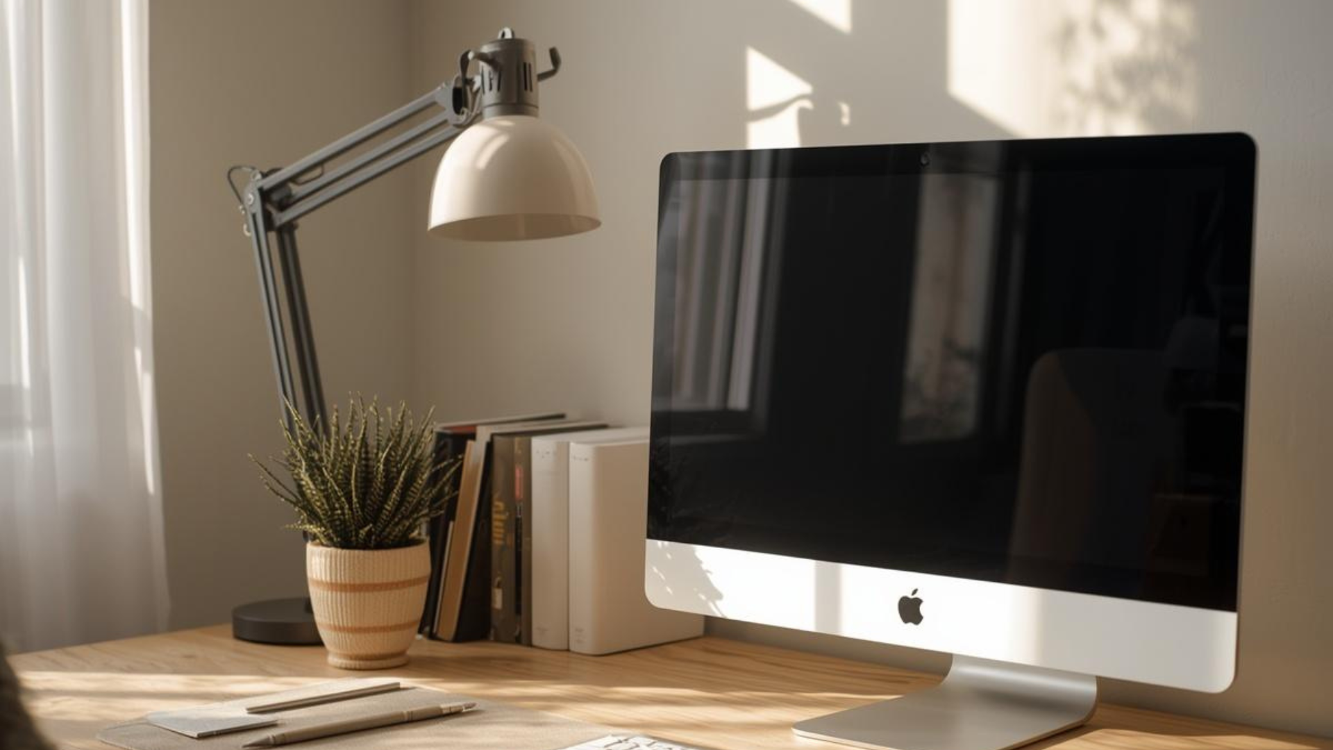 A tidy workspace with an iMac computer, a desk lamp, a small potted cactus, a stack of books, and a notebook with pens on a wooden desk, illuminated by natural light.