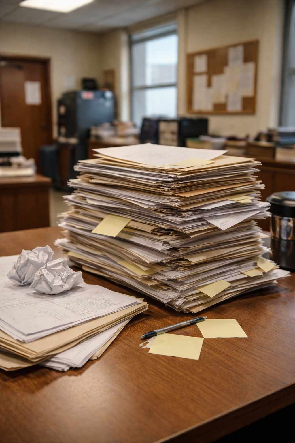 A desk cluttered with large stacks of papers, sticky notes, crumpled papers, a pen, and a coffee cup, set in an office with filing cabinets, windows, and a bulletin board in the background.