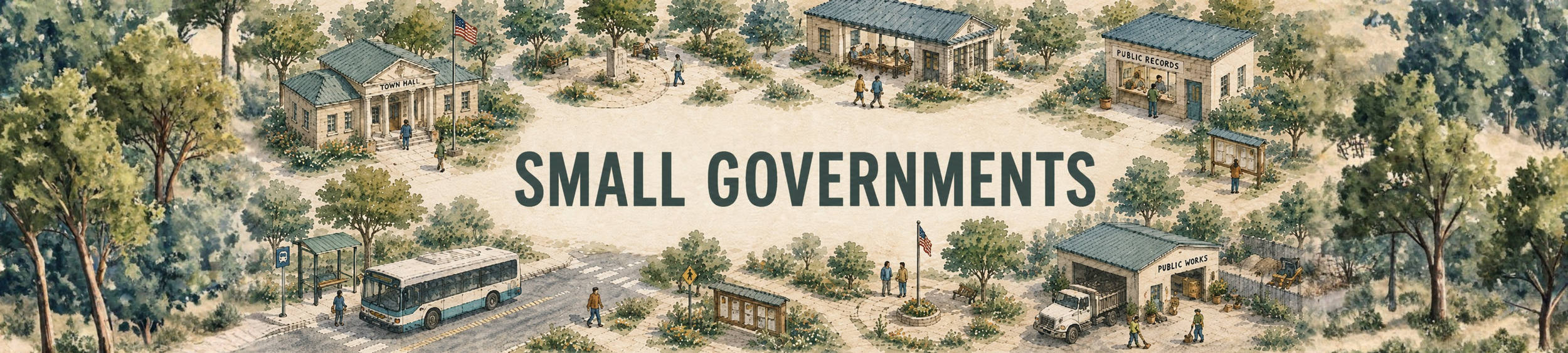 Illustration of a small town with various buildings labeled as town hall, public records, and public works, along with trees, sidewalks, a bus stop, a bus, and people walking around, centered around the text "Small Governments".