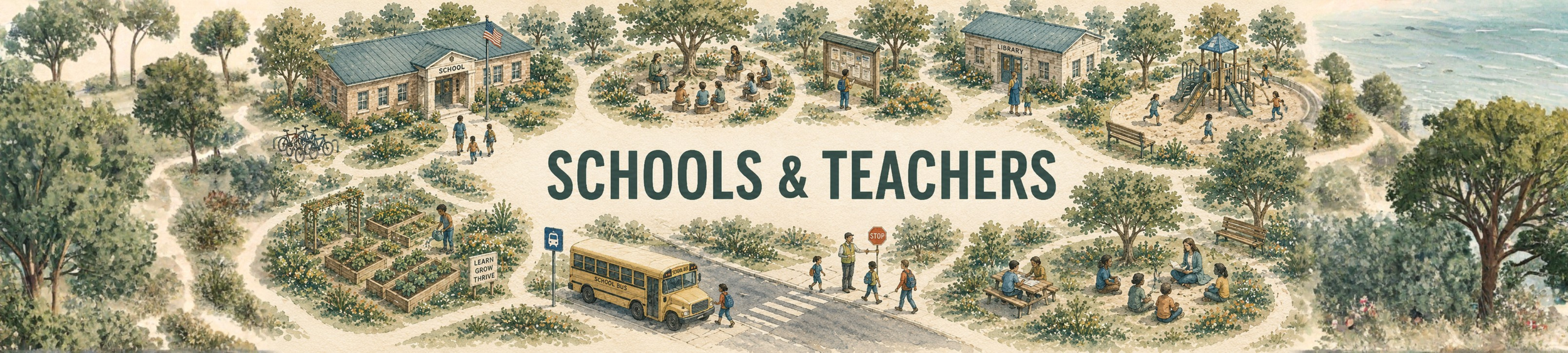 A detailed illustration of a school campus with buildings, playgrounds, trees, and children, titled 'Schools & Teachers'.