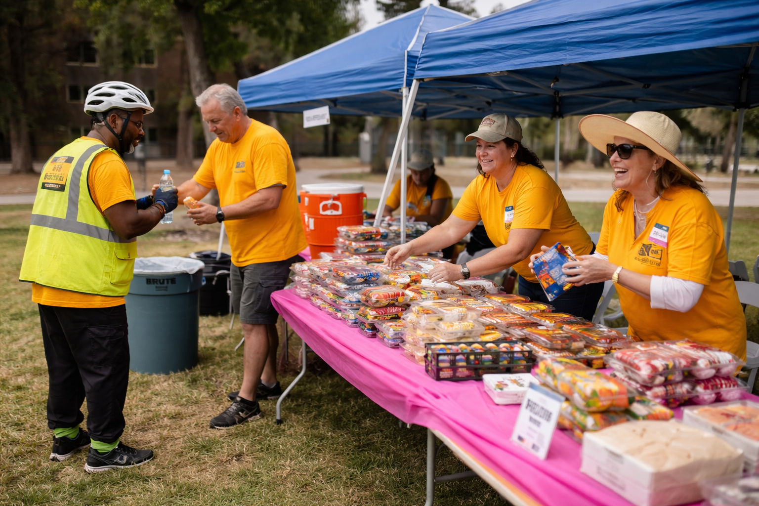 People selling baked goods at an outdoor booth, with three women wearing yellow shirts and a man in a yellow safety vest. A table with various packaged baked items is covered with a pink tablecloth, and the women are smiling and handing items to a man in a yellow shirt.