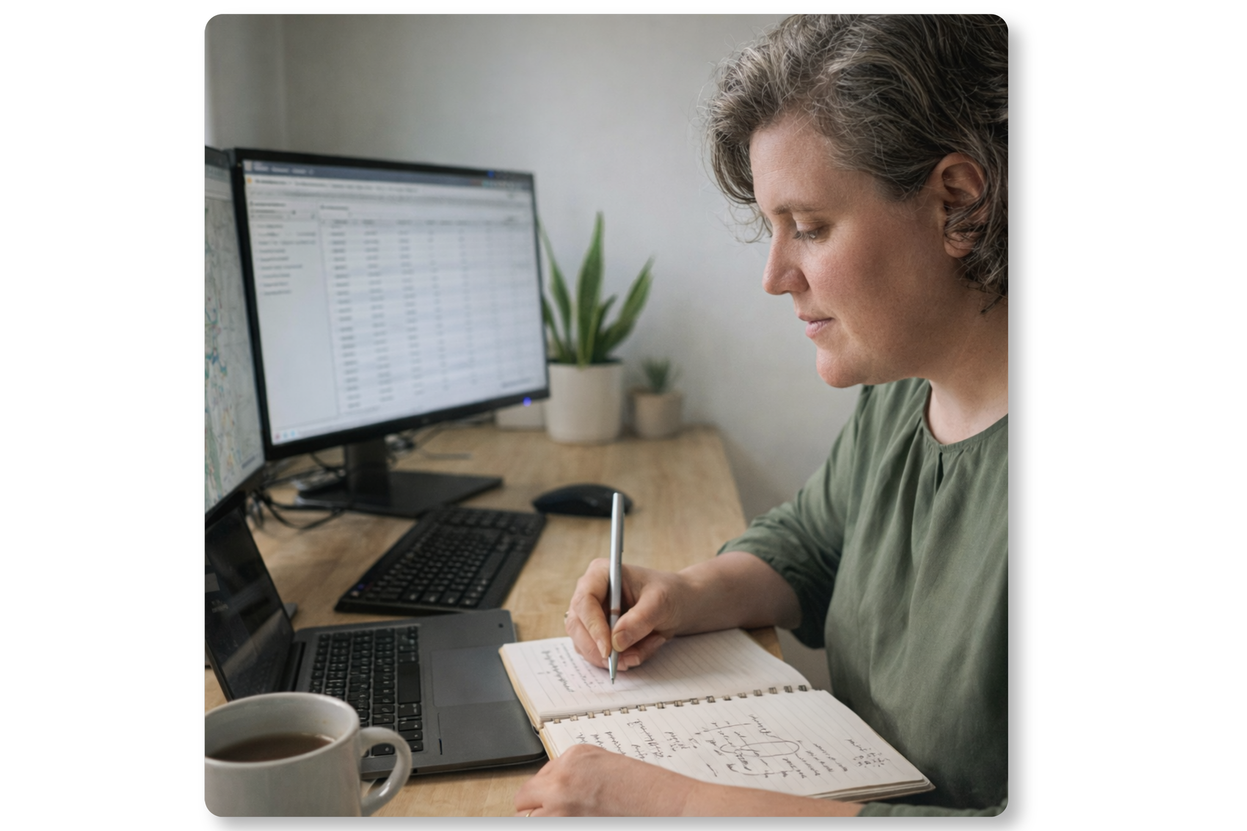 A woman with short gray hair sitting at a desk, writing in a notebook while a computer monitor displays data and a map, with a potted plant and a coffee mug nearby.