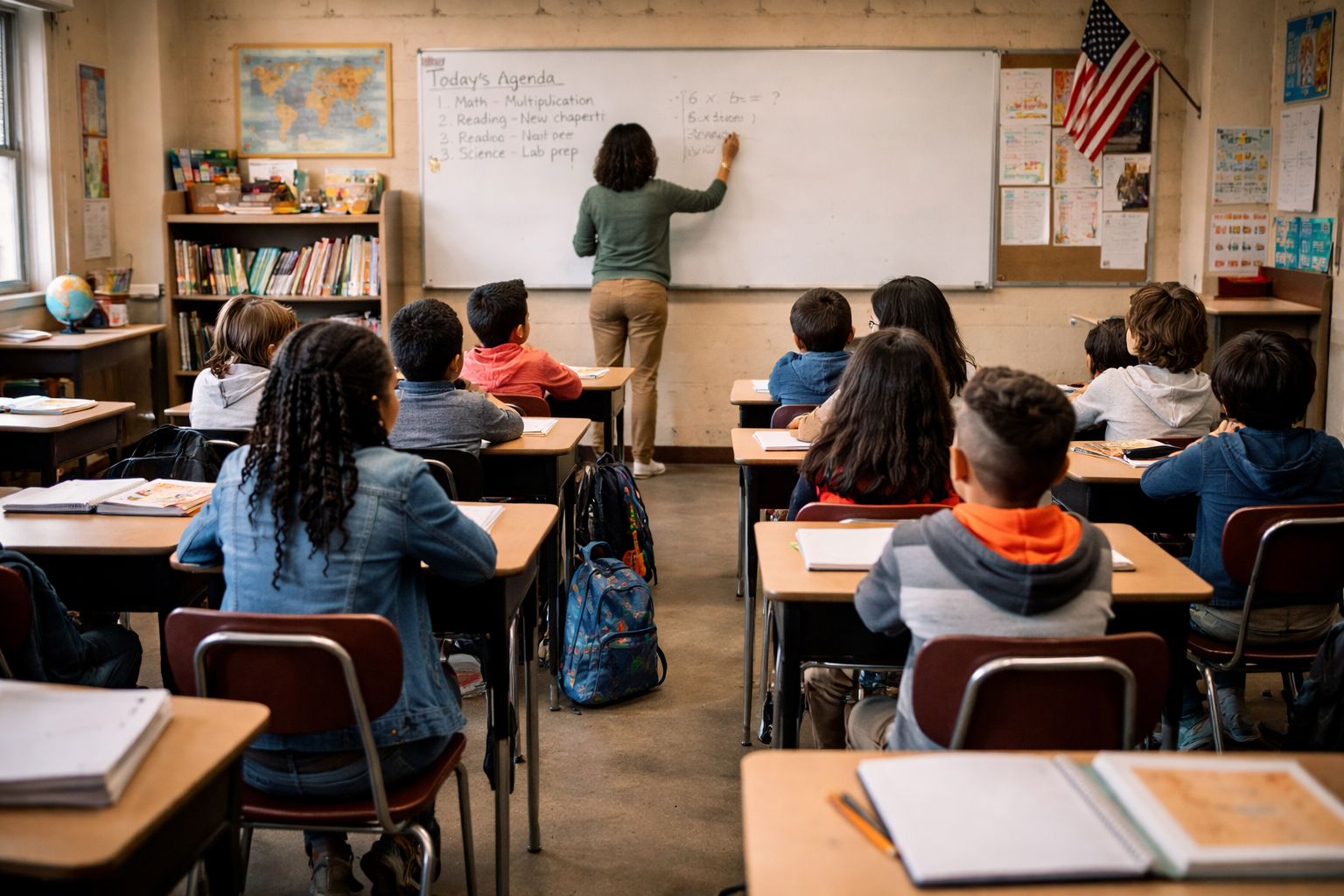 A classroom with students sitting at desks facing a teacher at the whiteboard, which has writing and formulas on it. The classroom has a world map and American flag on display.