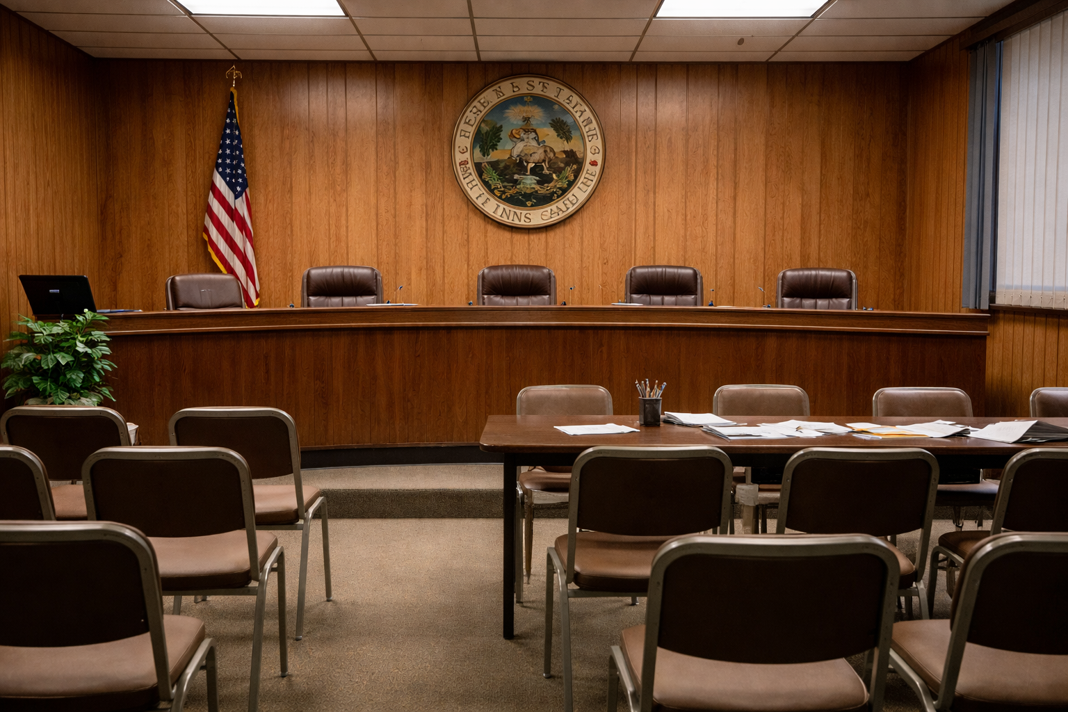 Empty courtroom with wooden panel walls, American flag, judge's bench with three chairs, and a seal of the state of Utah behind the bench. Rows of chairs and a table with papers and pens in the foreground.