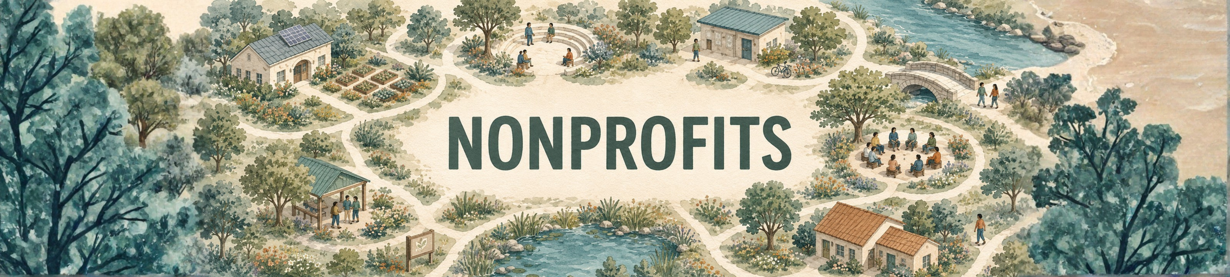 Illustration of a nonprofit community park with trees, water, buildings, and people gathered in groups, walking, and sitting, with the word 'Nonprofits' in the center.