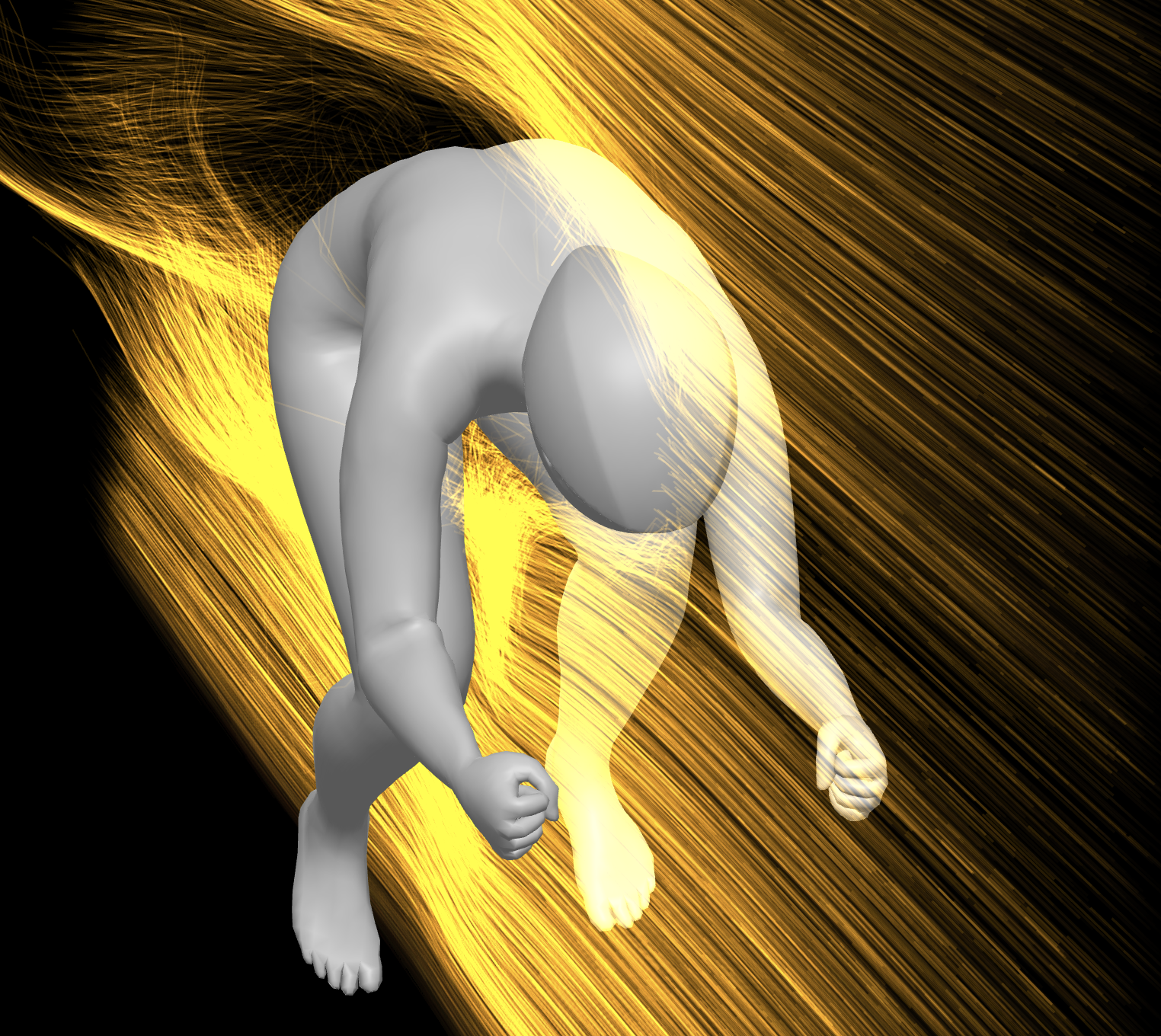 A gray humanoid figure in a crouched position, with a background of yellow and black dynamic streaks and lines.
