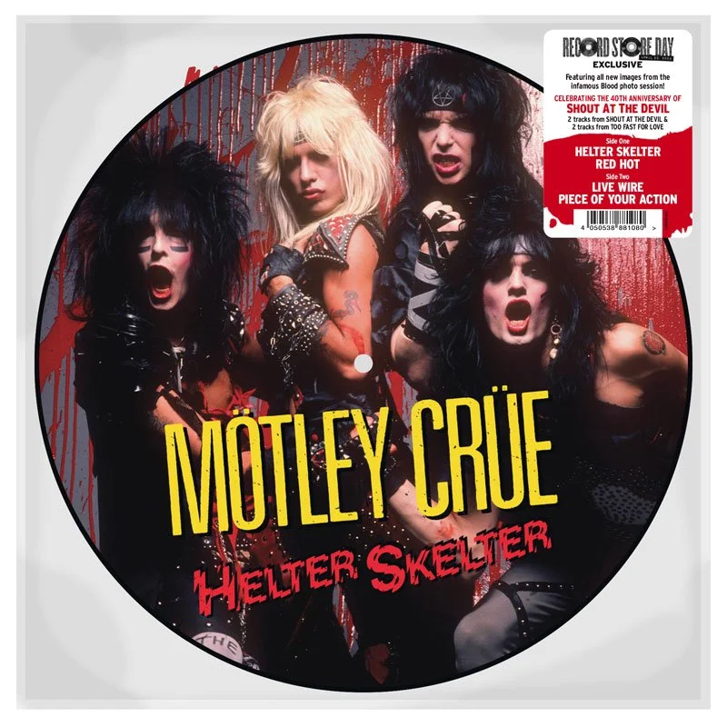 Mötley Crüe band members in punk rock attire with intense expressions, promoting the album 'Shout at the Devil' on a vinyl record with a red and black background.