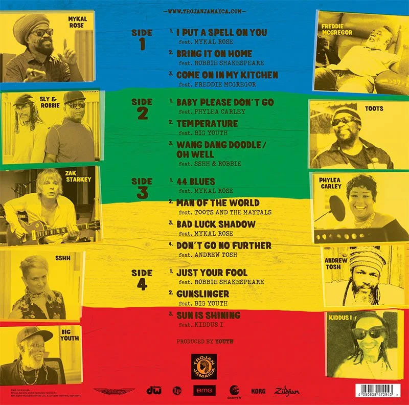 Colored record album cover featuring multiple images of musicians and singers, along with a tracklist summarizing song titles and artists from side 1 to side 4, including names like Mykal Rose, Freddie McGregor, Sly & Robbie, Phylla Carey, Zack Starkey, SSHH, Big Youth, Andrew Tosh, and Kiddus I.