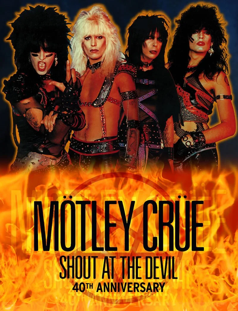 Four women dressed in punk rock style clothing with wild hairstyles, standing behind fire and a dramatic background, celebrating Mötley Crüe's 40th anniversary with the event titled 'Shout at the Devil.'