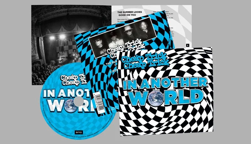 Music album cover art for 'In Another World' featuring black and white and blue checkered and swirl patterns, with band name Chevrolet Trick and a small image of Earth in the letter 'O'.