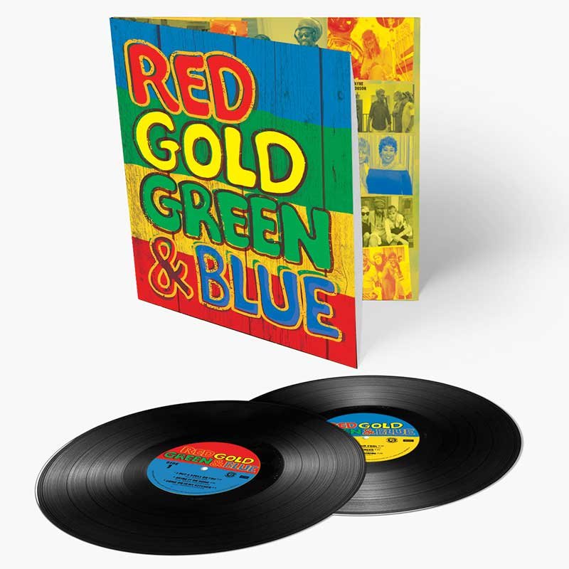 Two vinyl records and their cover album titled 'Red Gold Green & Blue' with colorful, graffiti-style text.