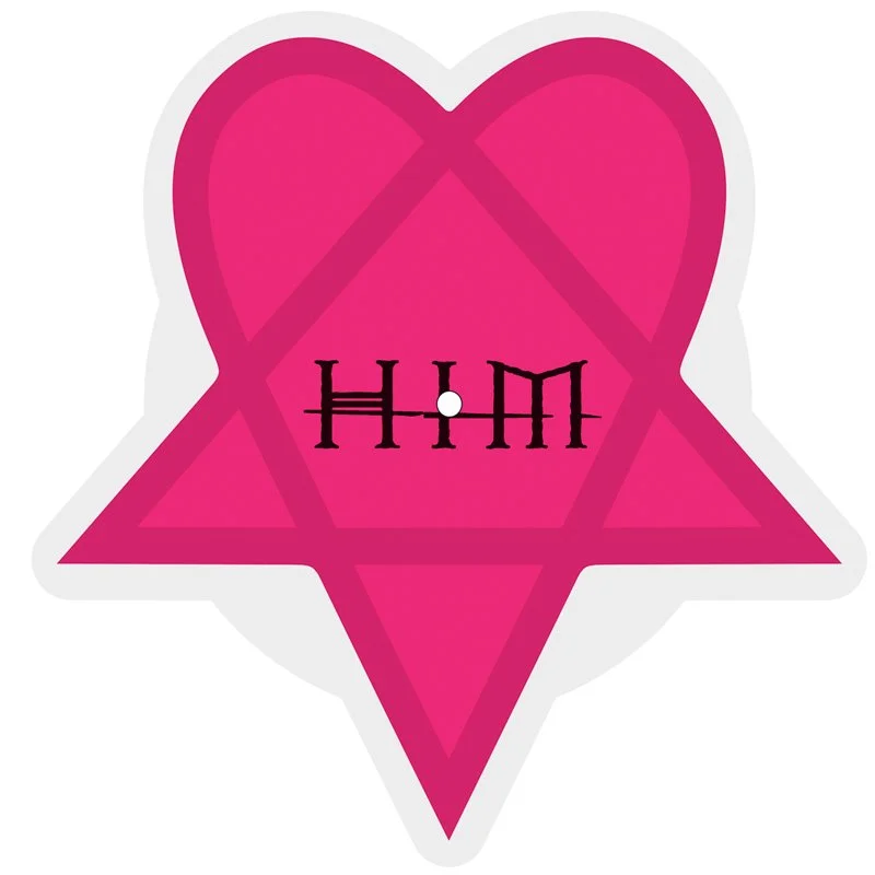 Pink heart and star with 'H: M' text in black in the center.