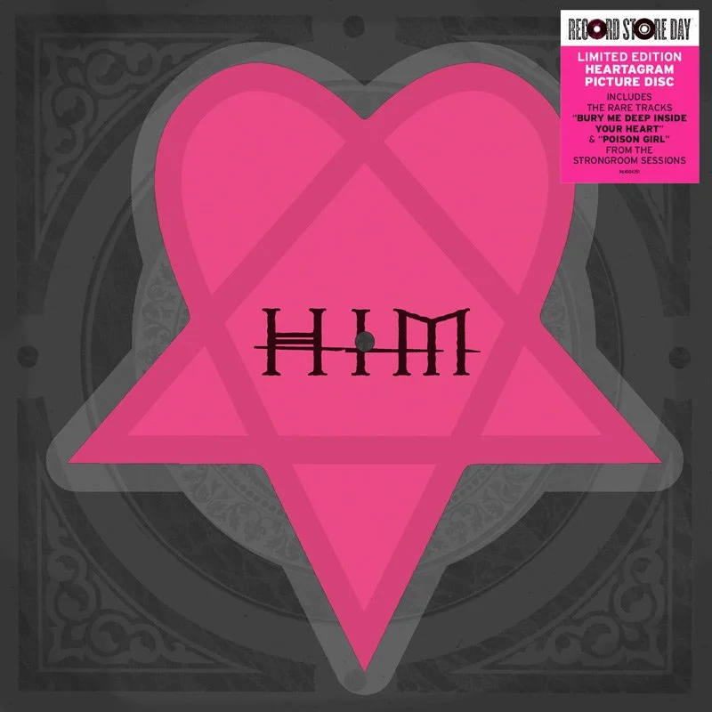 Pink heart-shaped graphic with black text reading 'H•M' in the center, overlaid on a dark ornate background. A pink sticker in the top right corner mentions a limited edition Heartagram picture disc with rare tracks.