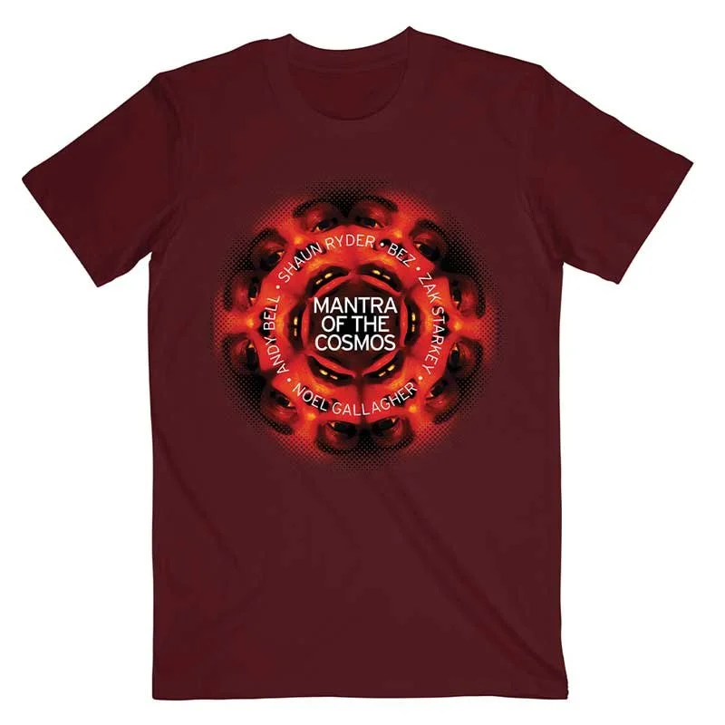Red T-shirt with a circular graphic design featuring multiple faces distorted and arranged in a spiral pattern, with text reading 'Mantra of the Cosmos' and names of various artists around the circle.