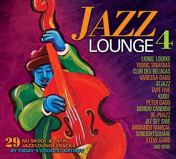 Colorful album cover of jazz lounge music featuring a blue-skinned musician playing an orange double bass, with text listing artists and jazz tracks.