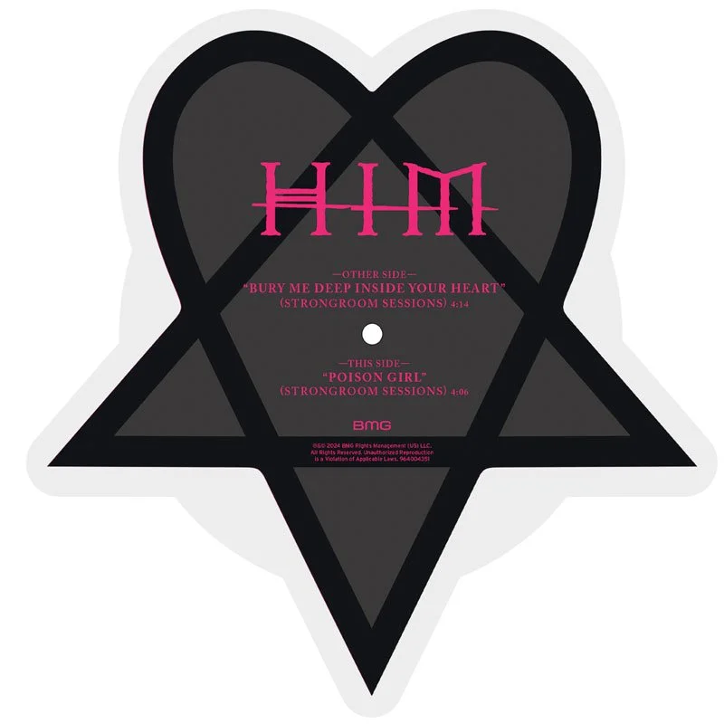 A black heart-shaped symbol with a star outline behind it, featuring text in pink and black reference to music tracks by BMG, including song titles and durations.