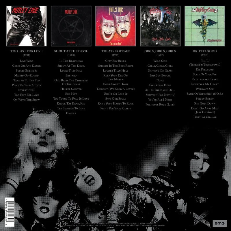 Black and white photo of three women, one with long blonde hair and two with dark hair, in a grunge style, with song titles by Mötley Crüe listed above and below the image, including songs like "Too Fast for Love," "Shout at the Devil," and "Theatre of Pain."