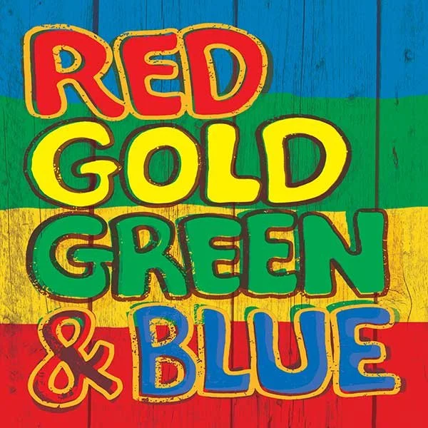 Colorful wooden sign with the words "Red," "Gold," "Green," and "Blue" written in large letters, each word in a different color matching its name.