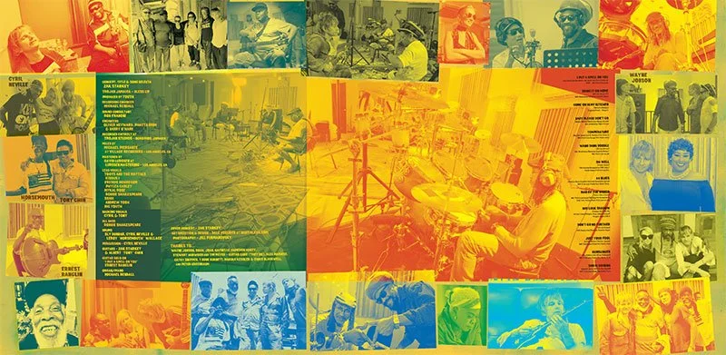 Collage of black and white and color photographs depicting musicians, performers, and people socializing.