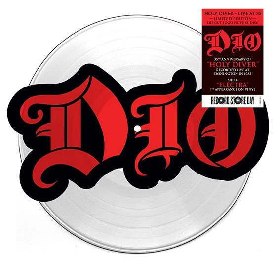A white vinyl record with a black and red Dio logo sticker in the center and a red and black label detailing Holy Diver live album info.