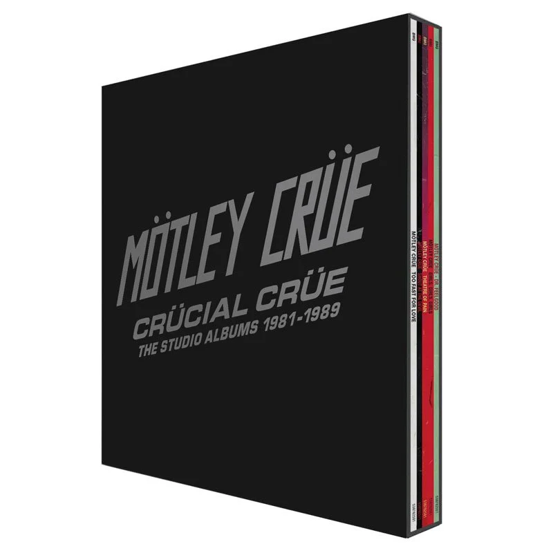 A box set of Mötley Crüe's studio albums from 1981 to 1989, titled "Crucial Crüe," with a black cover and band name in large gray letters.