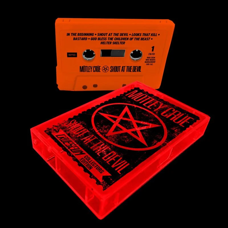 A red cassette tape with "Motley Crue Shout at the Devil" album cover art and a corresponding orange cassette tape case in the background.