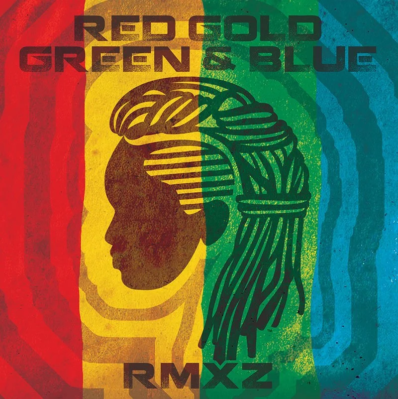 A stylized drawing of a person's profile with dreadlocks, divided into four color sections: red, yellow, green, and blue, with the words 'Red, Gold, Green & Blue' at the top and 'RMX3' at the bottom.