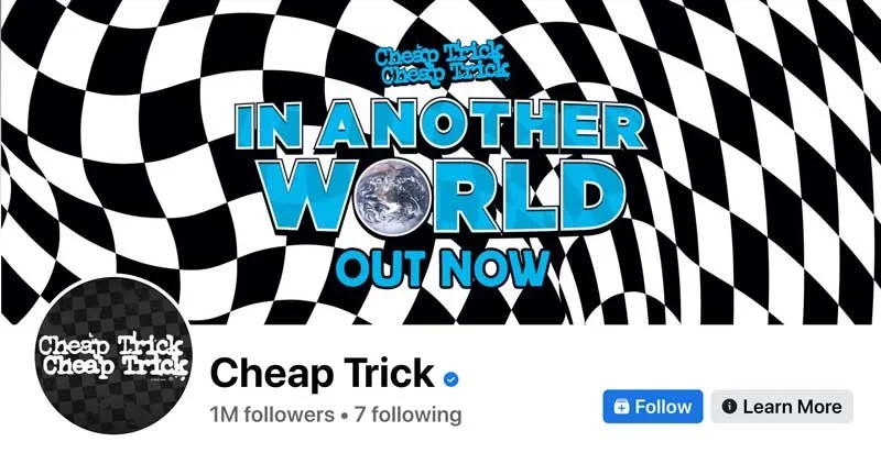 Promotional banner for Cheap Trick's album 'In Another World' featuring a black and white distorted checkerboard pattern background, blue and black text, and an image of Earth in the word 'WORLD'.