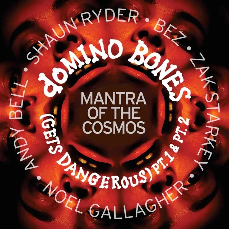 Multiple faces distorted in a circular pattern with a fiery red and orange background, displaying the text "MANTRA OF THE COSMOS" in the center, surrounded by names of musicians and song titles.