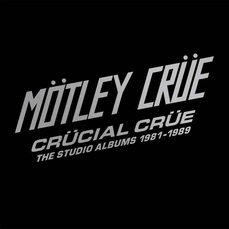 Album cover for Mötley Crüe's 'Crucial Crüe,' featuring the band's name and album details in gray text on a black background.