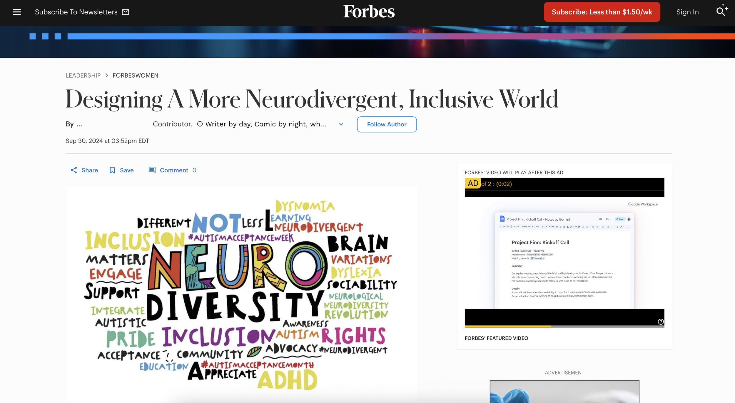 A colorful word cloud on a webpage discussing neurodiversity, with words like 'Neuro', 'Diversity', 'Inclusion', 'Support', and 'Acceptance,' in various fonts and colors.