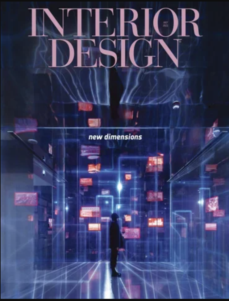 A person standing in a futuristic digital art installation resembling a high-tech interior space with neon blue and red lights, digital screens, and grid lines, titled 'Interior Design' with the subtitle 'new dimensions'.