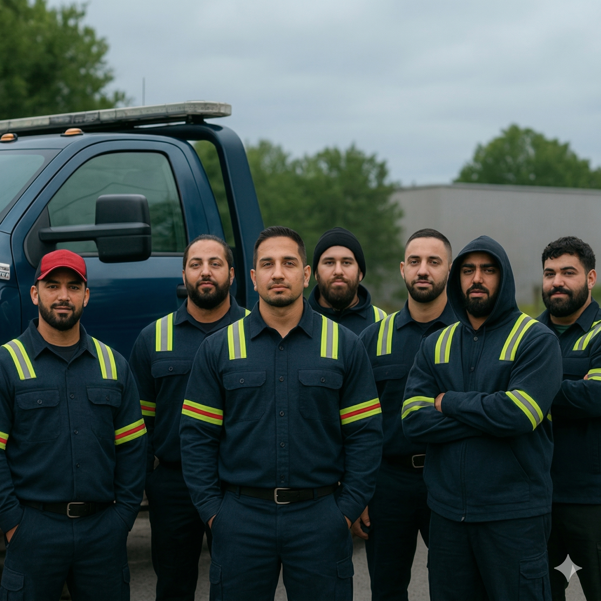Group of seven male workers standing in front of a blue truck, wearing navy uniforms with reflective stripes, outdoors.
