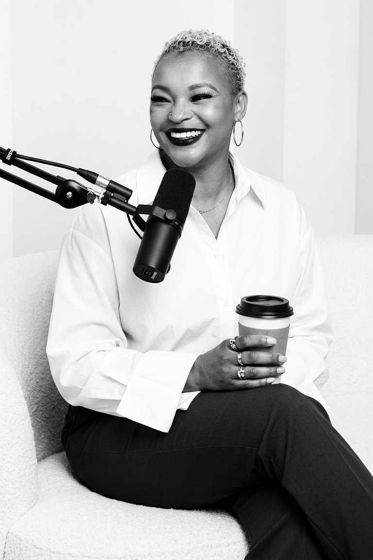 Black and white photo of Crystal Patton with short curly hair, wearing a white shirt and black pants, sitting on a sofa, holding a coffee cup, smiling, in a recording or podcast studio with a microphone.