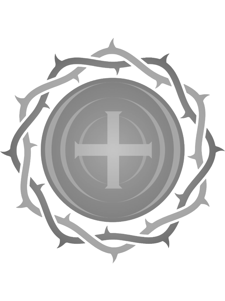 A grayscale emblem featuring a circular shield with a cross in the center, surrounded by a crown of thorn-like shapes.