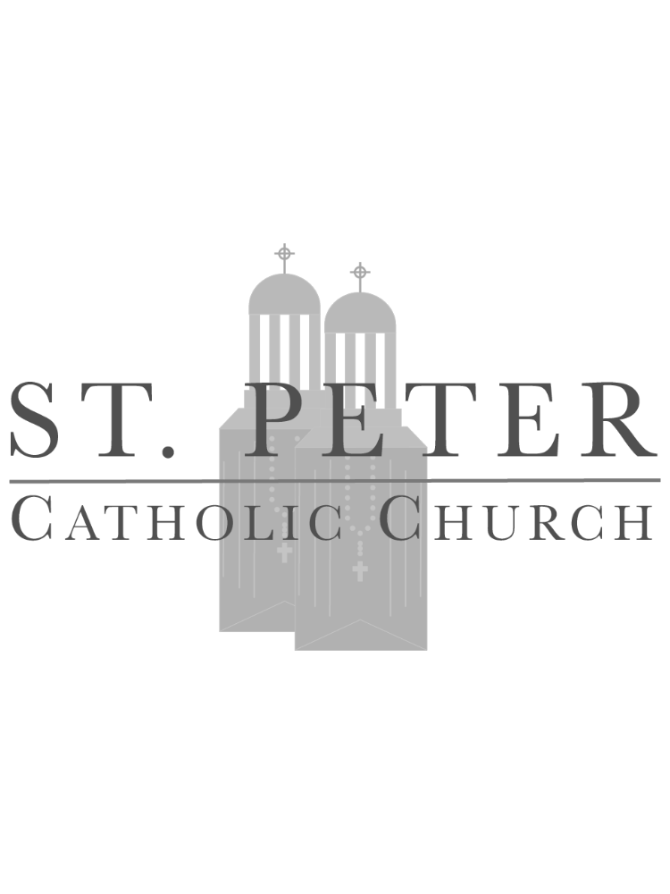 Logo of St. Peter Catholic Church featuring two church steeples with crosses, a cross in the center, and the text 'St. Peter Catholic Church'.