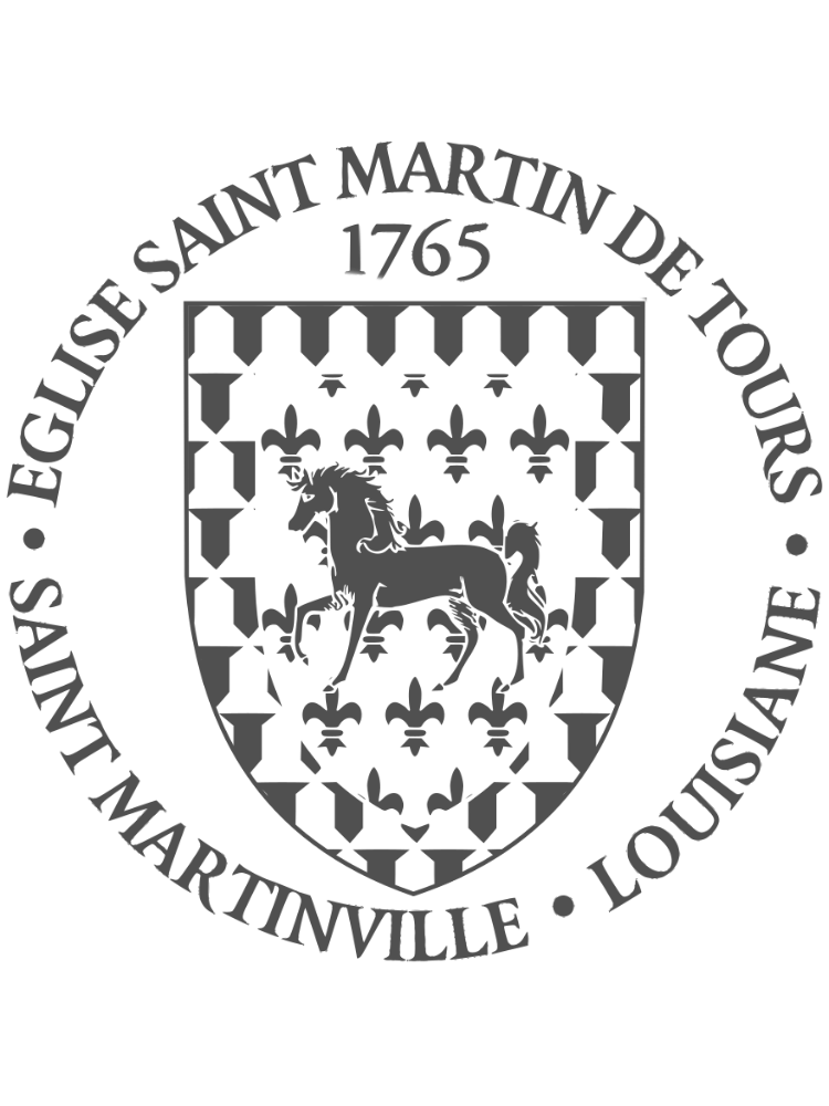 Seal of the Eglise Saint Martin de Tours, established in 1765, featuring a shield with a white horse and fleurs-de-lis, surrounded by the text 'Eglise Saint Martin de Tours, Saint Martinville, Louisiana.'