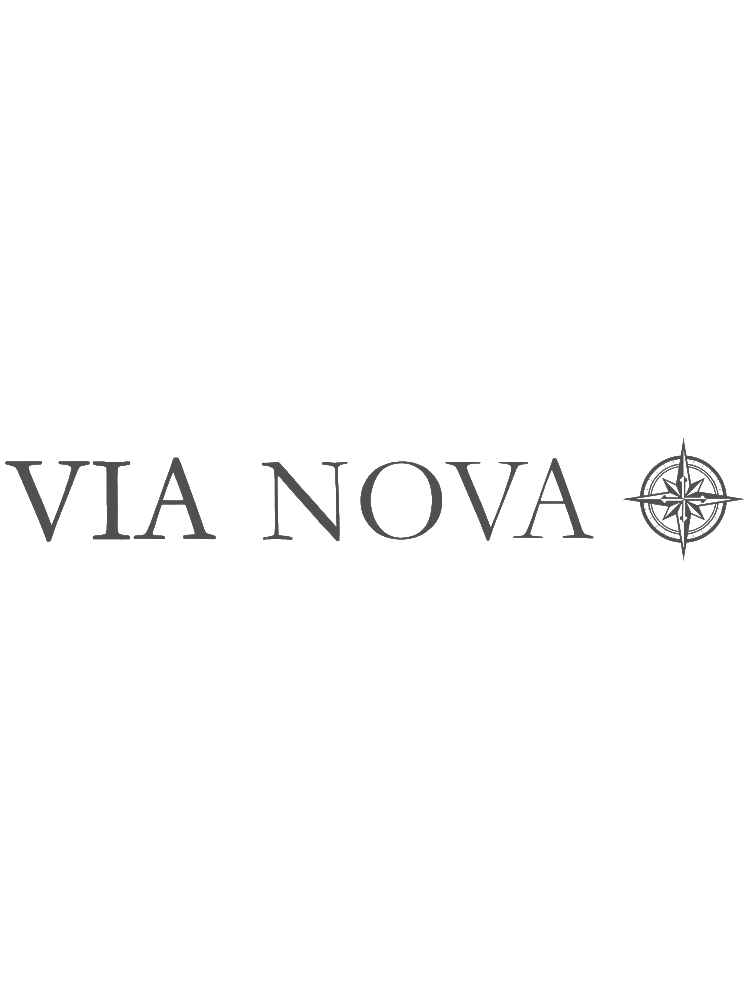 Logo for VIA NOVA featuring a compass symbol on the right and the words 'VIA NOVA' in gray text underneath in a stylized font.