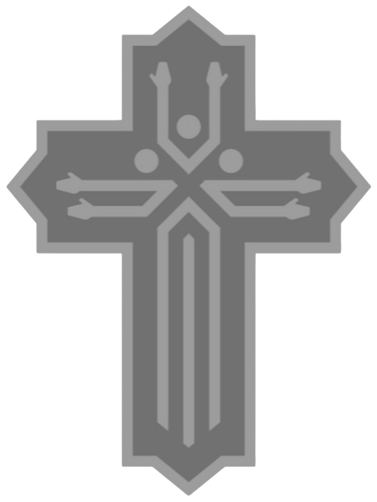 A stylized cross with geometric and abstract design elements in shades of gray.