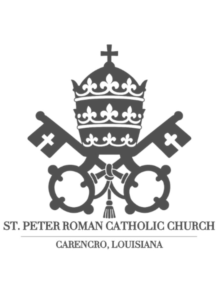 Emblem with a crown, keys, and a cross, representing the St. Peter Roman Catholic Church in Carencro, Louisiana.