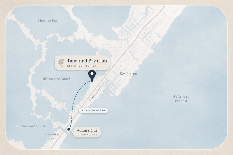 Map showing Tamarind Bay Club ocean access via Adam’s Cut in Key Largo