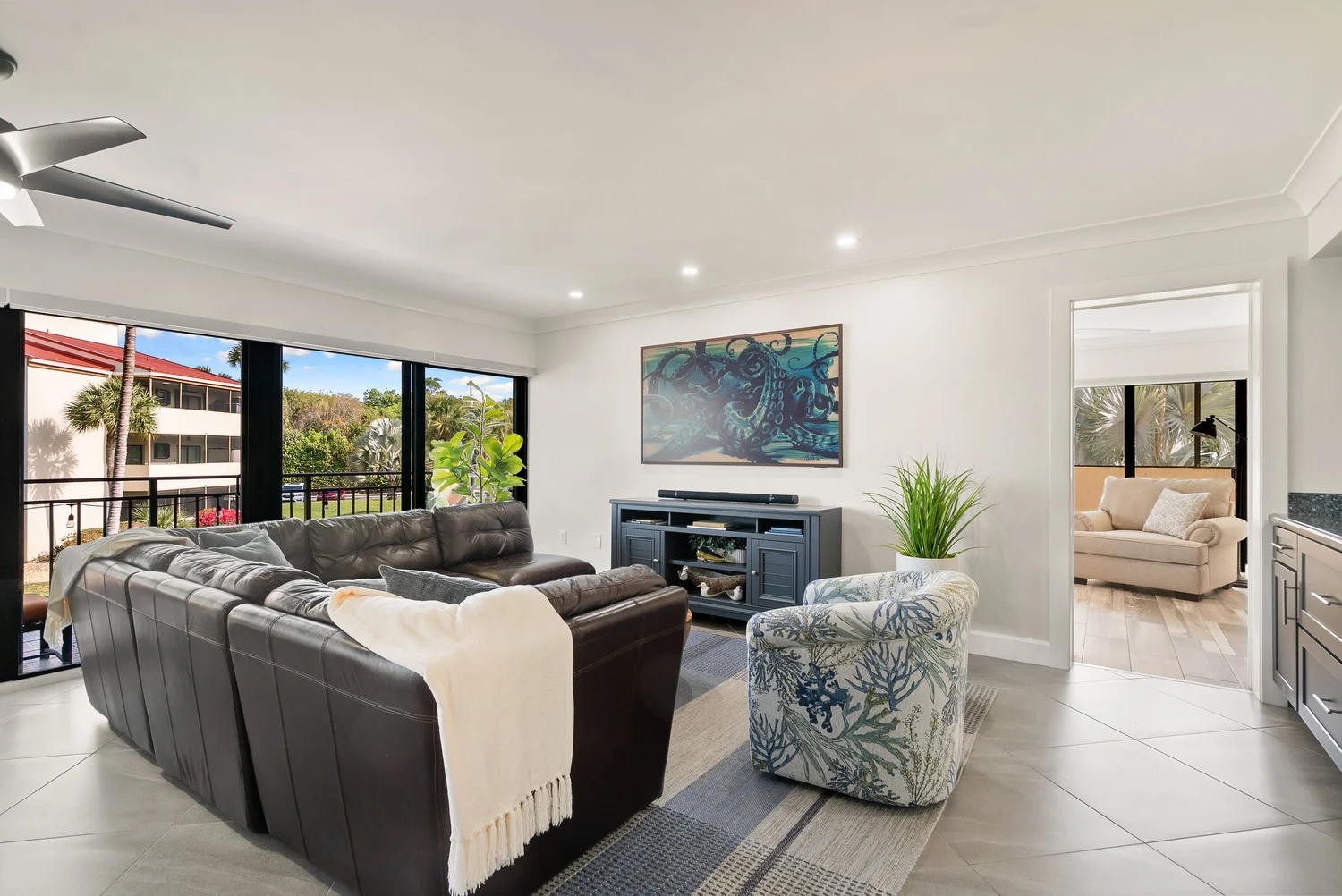 Furnished living room in Residence One at Tamarind Bay Club in Key Largo